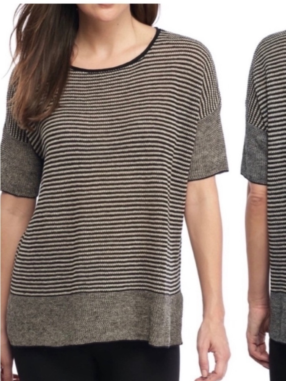 Eileen Fisher Organic Linen Striped Short Sleeve Top Relaxed Fit Gray Black